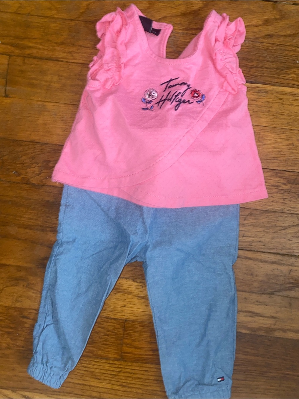 NWOT Tommy Hilfiger Pink Ruffle Tank with Light Blue Chambray Pants